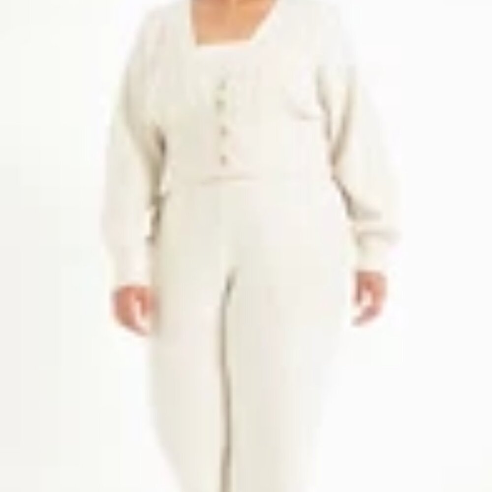 Eloquii 3 Pc Knit Cardigan/Cami/Wide Leg Ribbed Pant Antique White Sweater Set